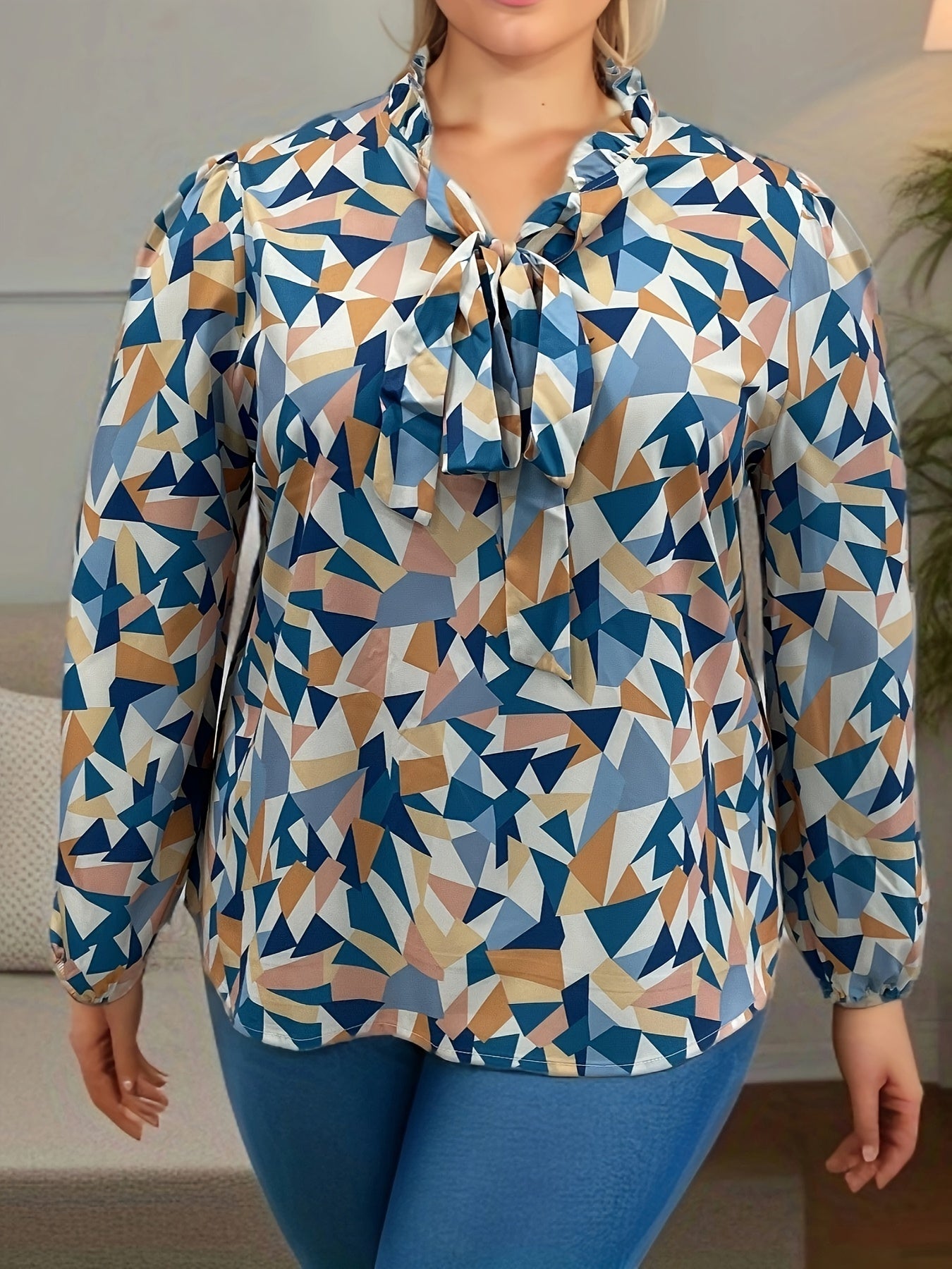 Casual Blouse Women's Plus Geometric Print Lantern Sleeve Tie Front