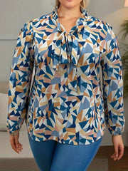 Casual Blouse Women's Plus Geometric Print Lantern Sleeve Tie Front