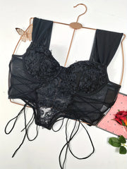 Floral Lace Drawstring Camisole Corset V Neck Underwire Lingerie