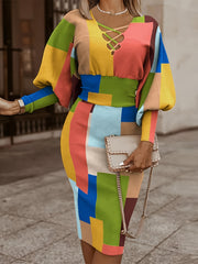 Puff Sleeve Criss Cross V neck Dress