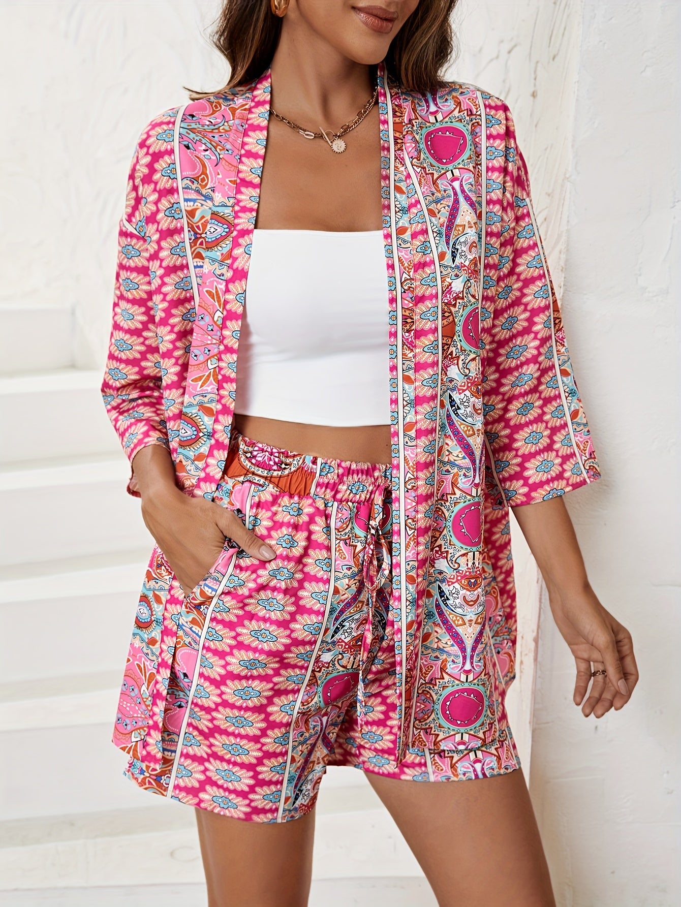 Paisley Print Cardigan & Tie Shorts Set