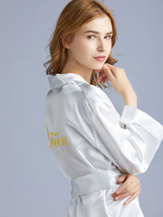 Solid Kimono Robe Embroidery Queen Short Robe With Belt