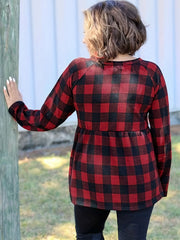 Plaid Print Long Sleeve Ruffle Peplum Shirt
