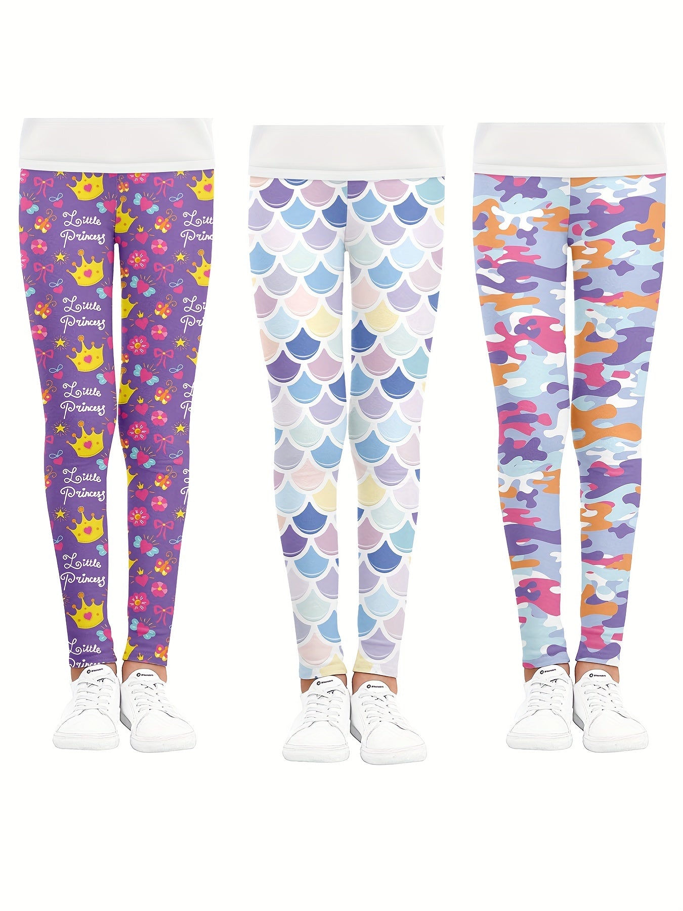 Girls Camouflage Crown Fish Scale Athletic Leggings Elastic Waist Yoga Pants