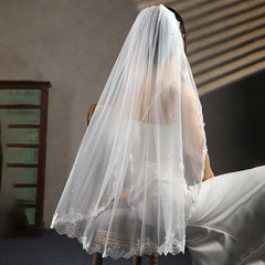 Lace Bridal Veil with Faux Pearl Accents for Weddings