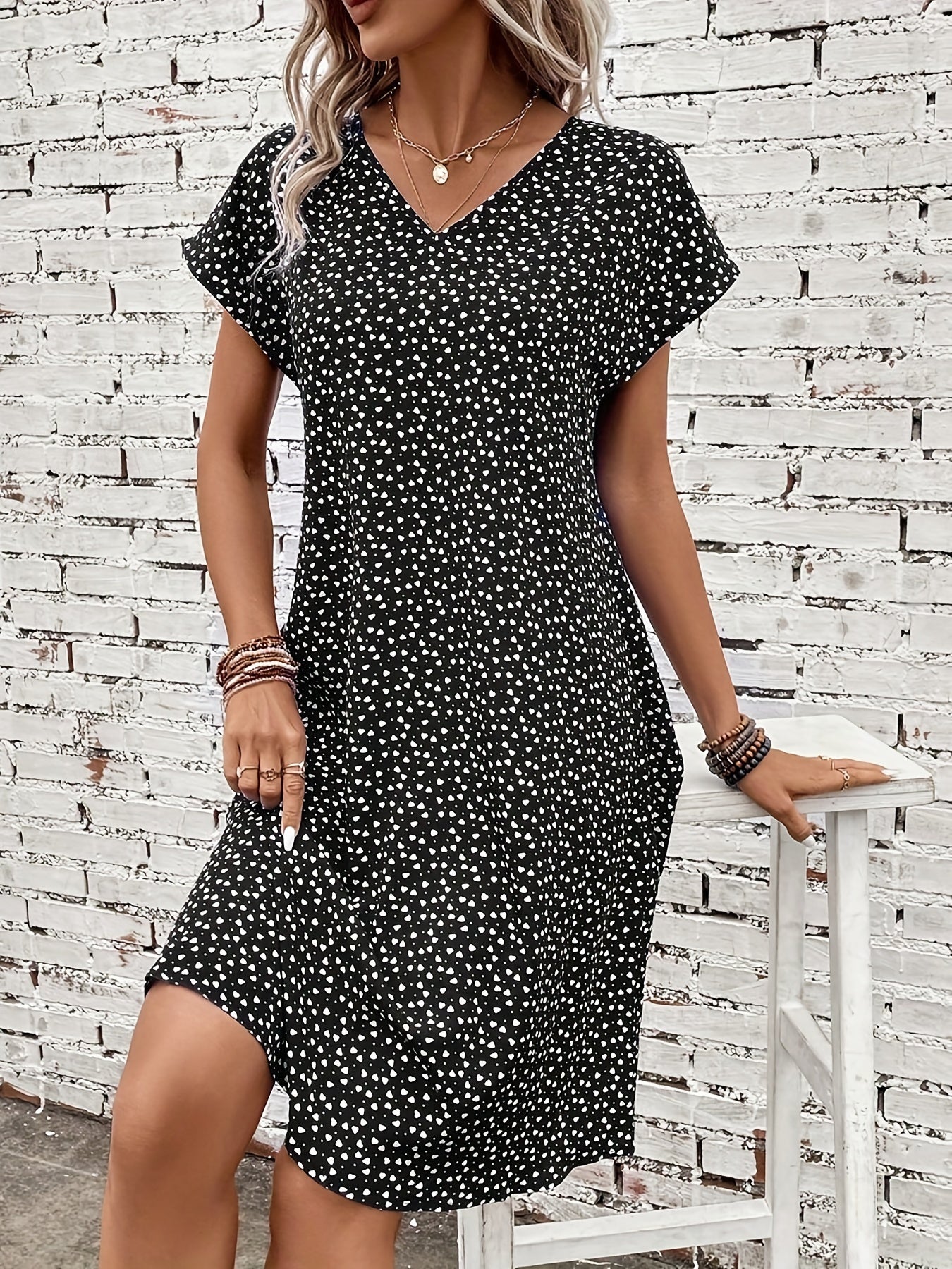 Heart Print Confetti Dress Casual V Neck Short Sleeve