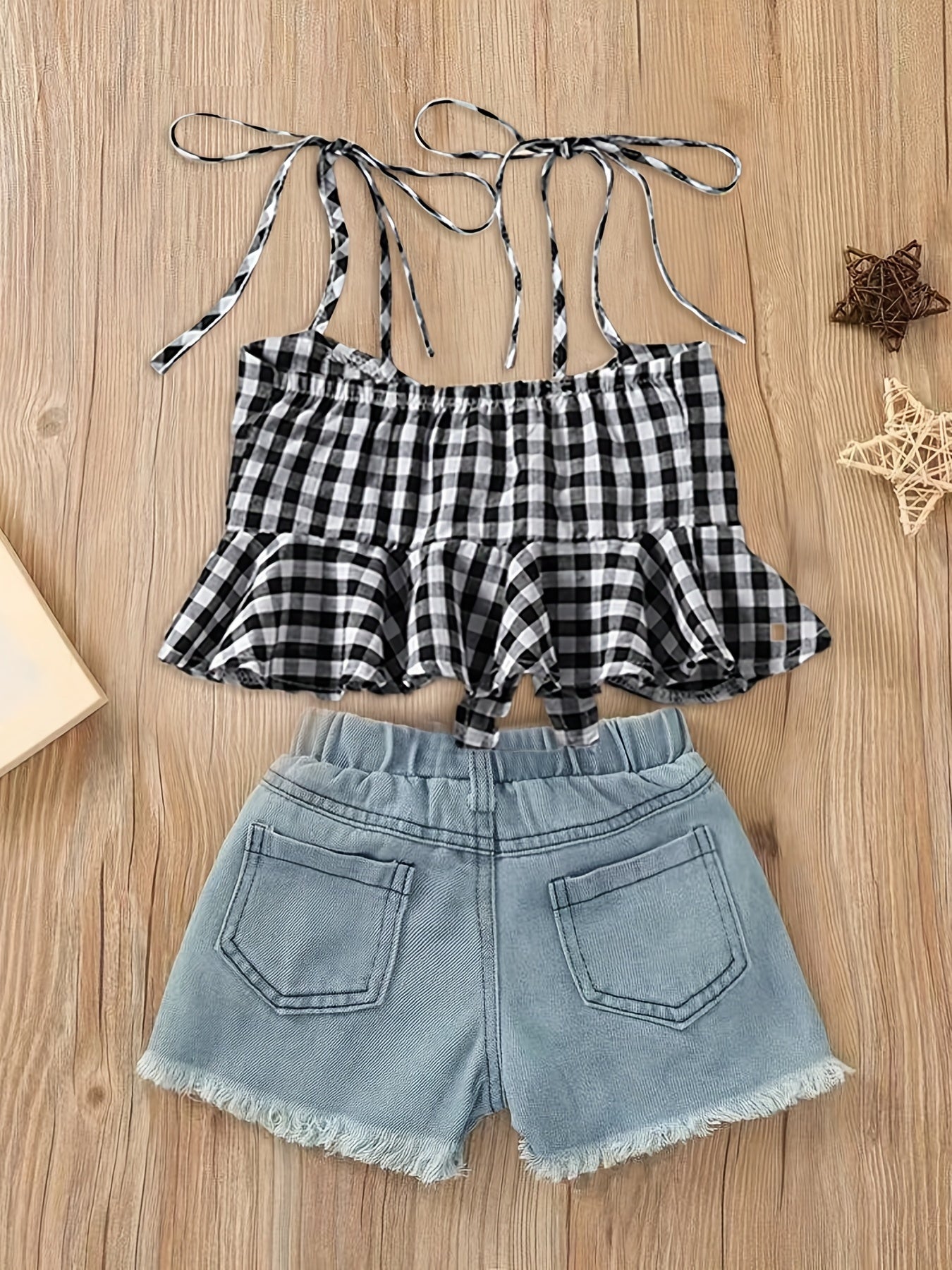 2pcs Baby Girls Plaid Bowknot Camisole Top & Denim Shorts Set