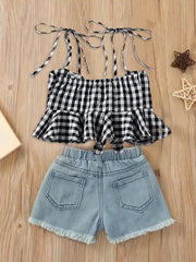 2pcs Baby Girls Plaid Bowknot Camisole Top & Denim Shorts Set
