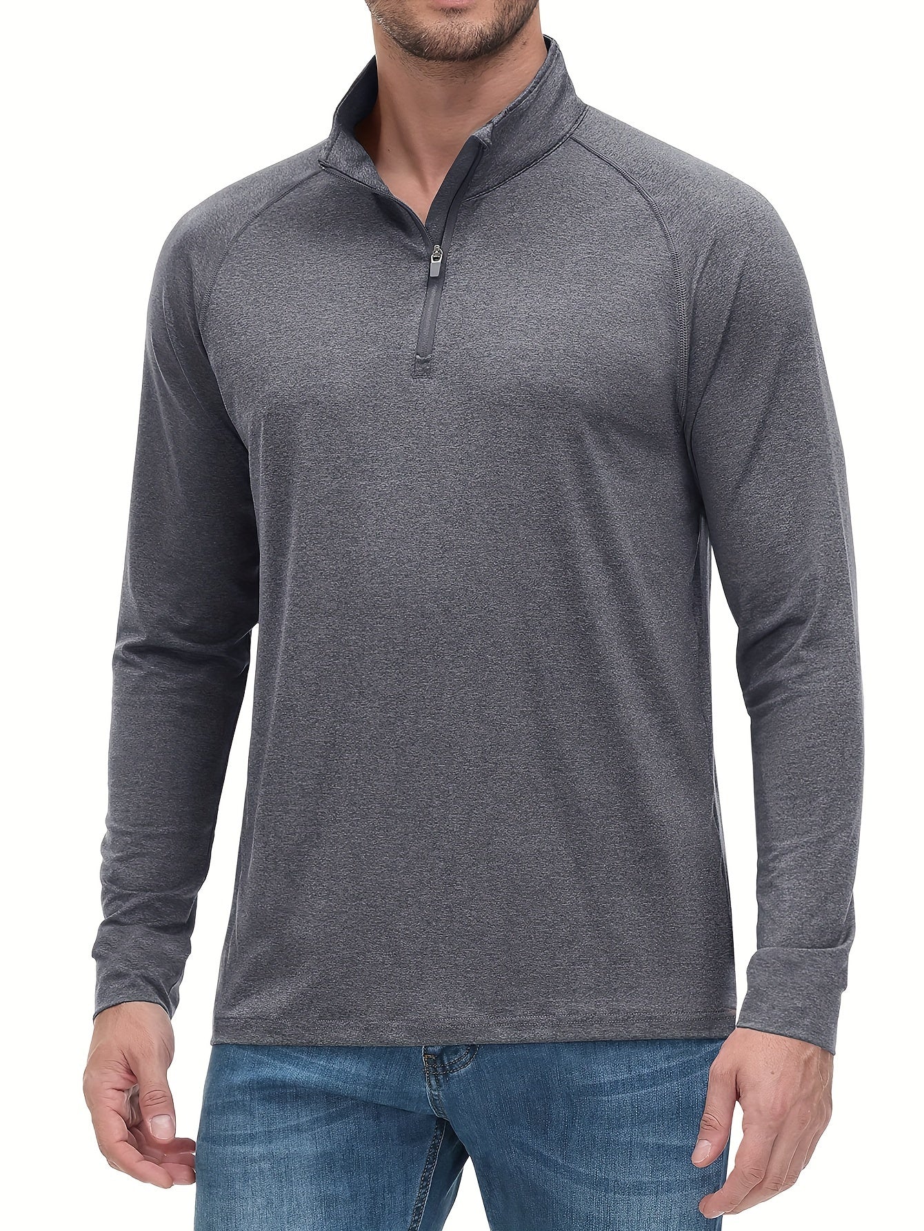 Men's Grey Long Sleeve Polo Shirt Casual Mid Stretch Lapel Button Up Polo Shirt