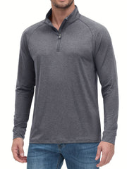 Men's Grey Long Sleeve Polo Shirt Casual Mid Stretch Lapel Button Up Polo Shirt