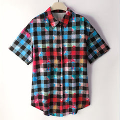Plaid & Tie Dye Button-Up Short Sleeve Blouse