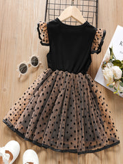 Baby Girls Ruffled Mesh Splicing Dress Short Sleeves Round Neck Polka Dots Print