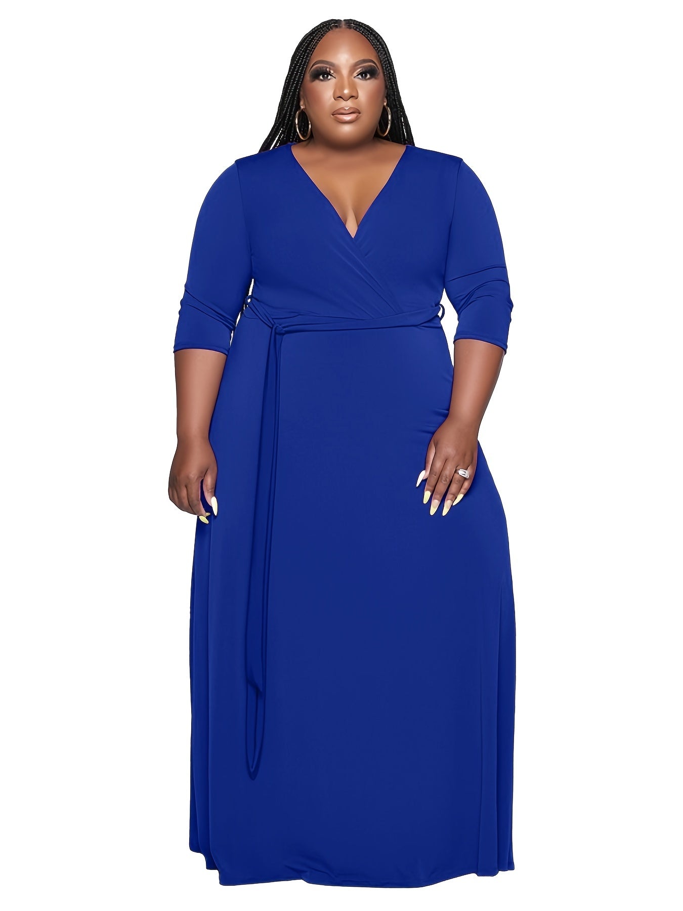 V Neck 3/4 Sleeve Maxi Dress With Belt Women's Plus Casual Long Dress