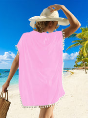 Chiffon Pom Pom Kaftan Beach Swimsuit Cover Up Scoop Neck Batwing Dress