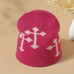 Cross Jacquard Gothic Beanie Y2K Knit Hat Solid Elastic Skull Hat