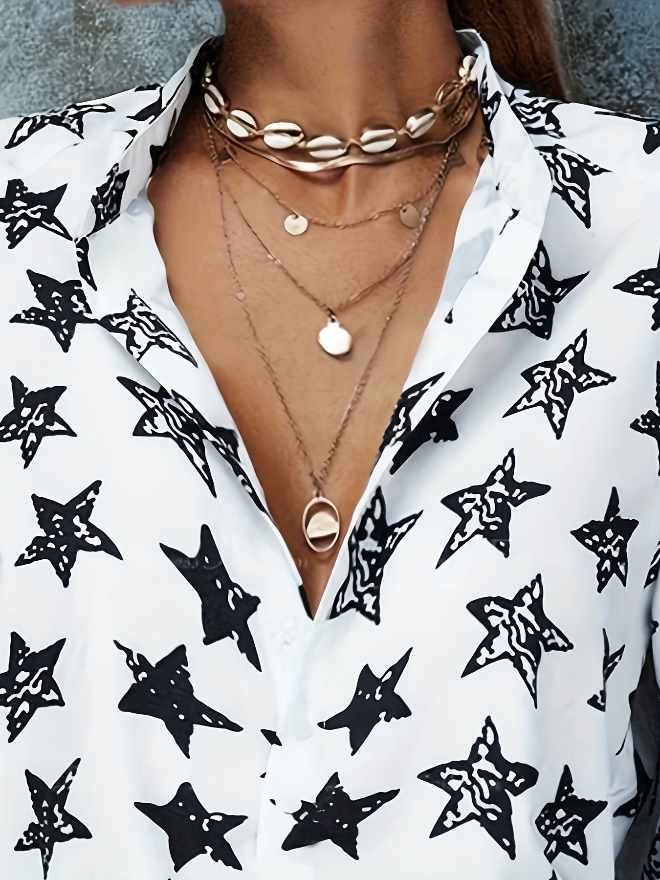 Star Print Button Up Lantern Sleeve Blouse