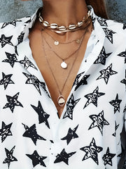 Star Print Button Up Lantern Sleeve Blouse