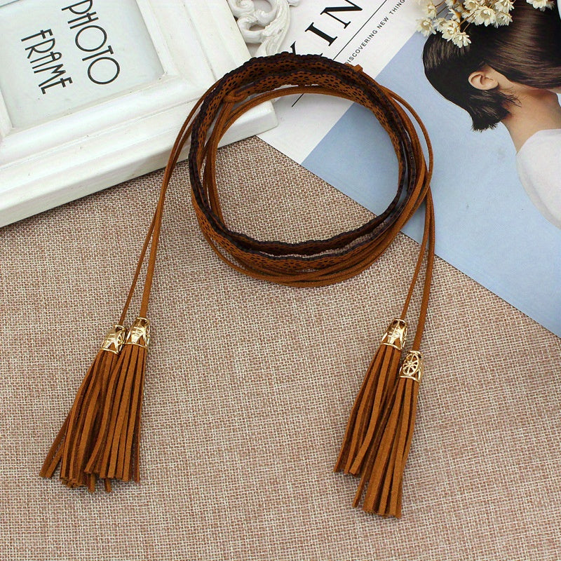 Boho Tassel Sash Belt Flower Hollow Knotted Belt Solid Waistband