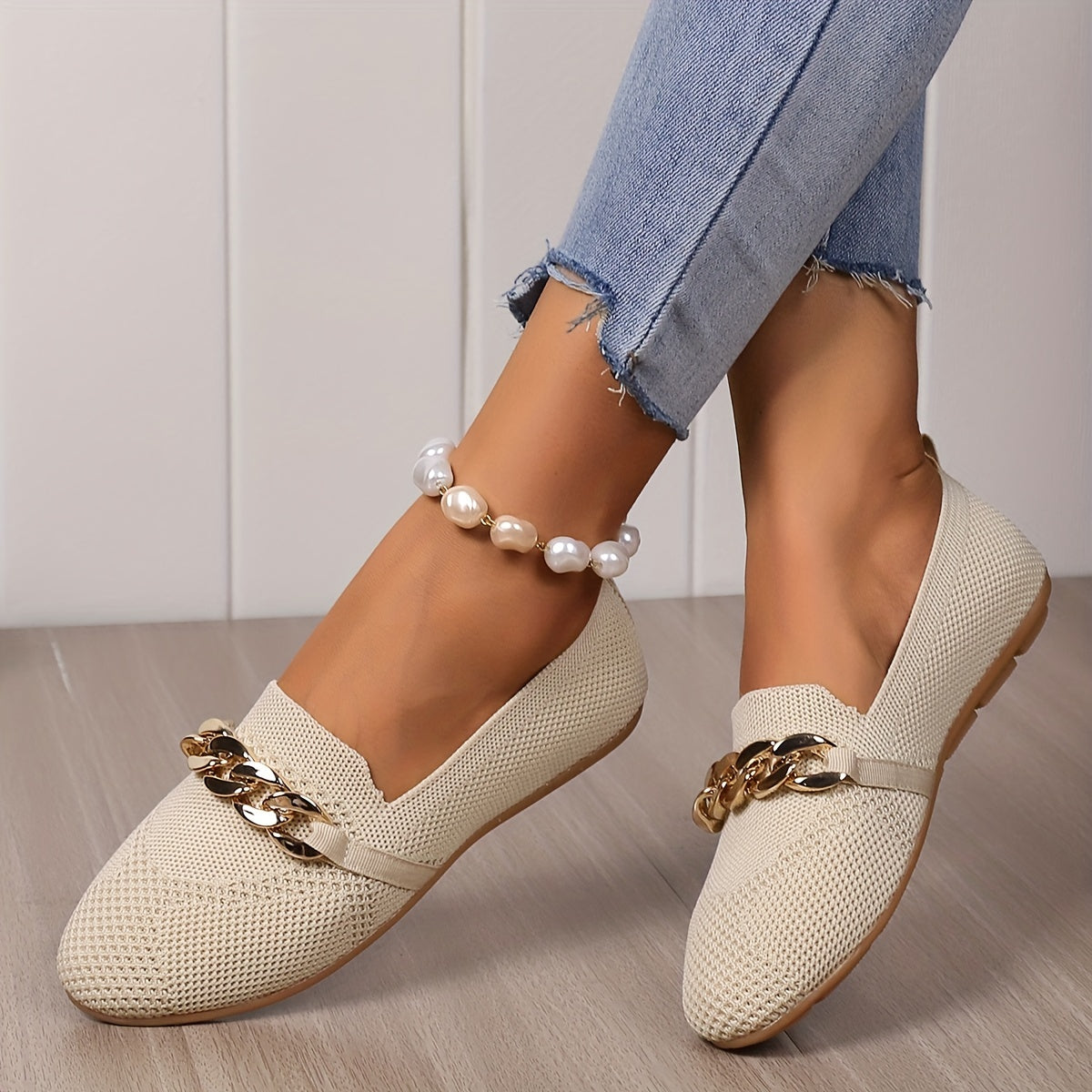 Women's Knitted Flat Loafers with Chain Decor Soft Sole Slip On Shoes