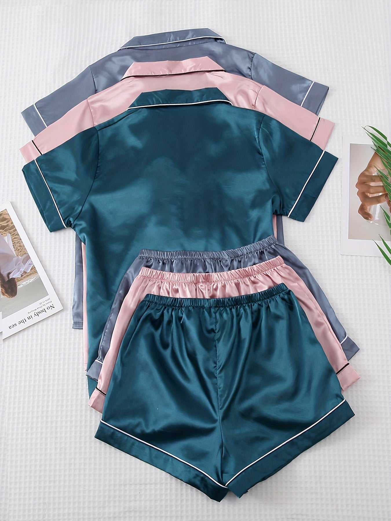 Satin Pajama Set Short Sleeve Top & Bow Shorts Women's Sleepwear