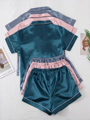 Satin Pajama Set Short Sleeve Top & Bow Shorts Women's Sleepwear