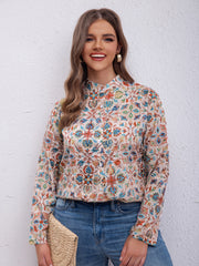 Boho Blouse Women's Plus Allover Print Long Sleeve Button Up Mock Neck Shirt Top