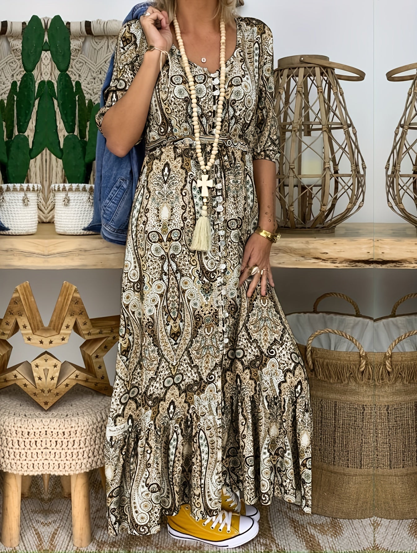Boho Maxi Smock Dress Plus Size Paisley Print V Neck Half Sleeve