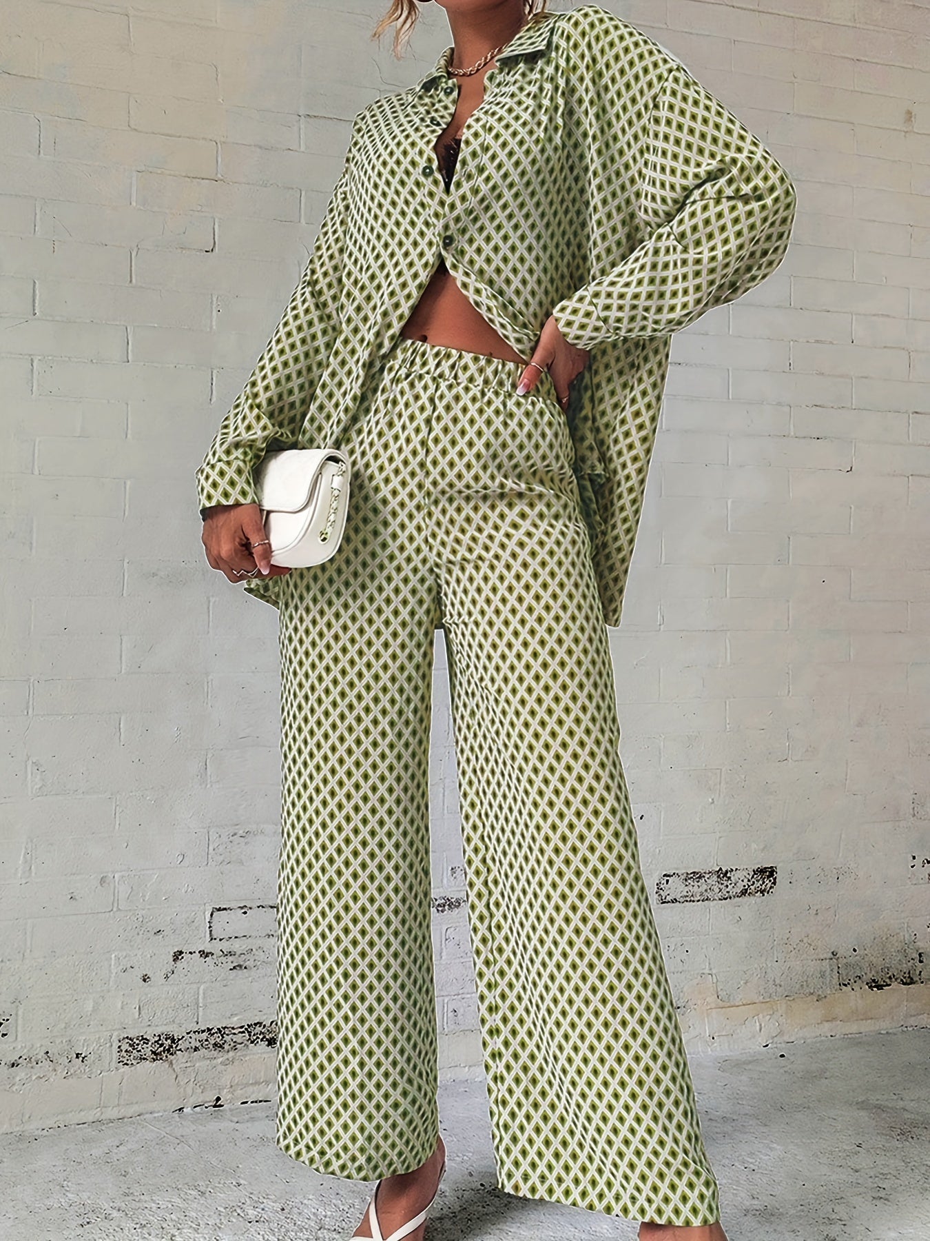 Plaid Print Two Piece Set Shirt & Pants Outfits Women's Clothing