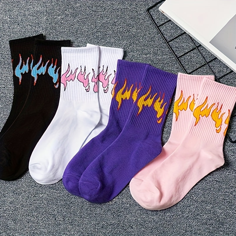 4 Pairs Flame Print Mid Tube Socks Women's Stockings