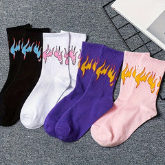 4 Pairs Flame Print Mid Tube Socks Women's Stockings