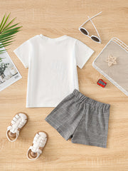 2pcs Baby Boys Round Neck T shirt & Plaid Shorts Set