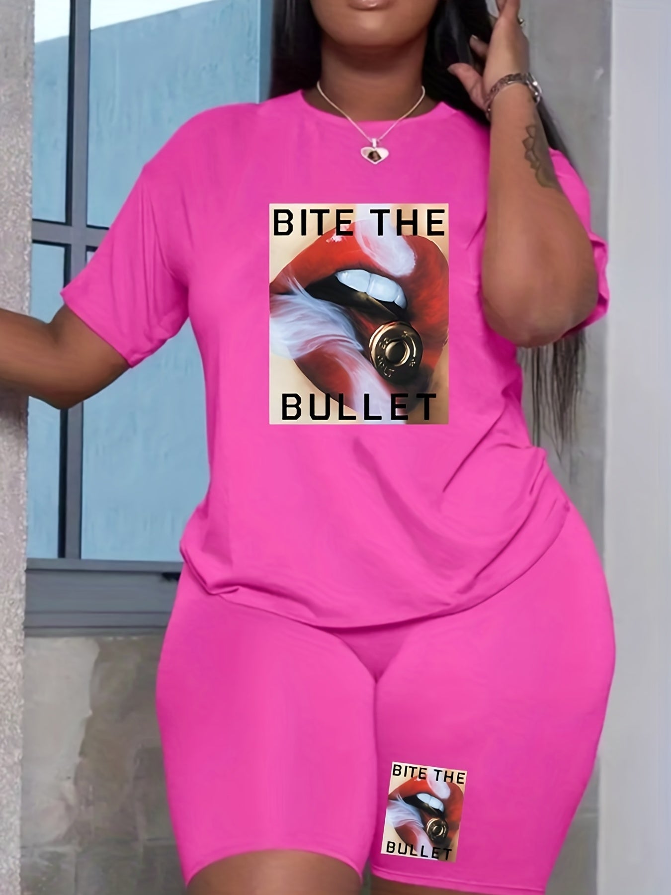 2 Piece Set Mouth & Letter Print Tee & Shorts