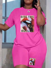 2 Piece Set Mouth & Letter Print Tee & Shorts