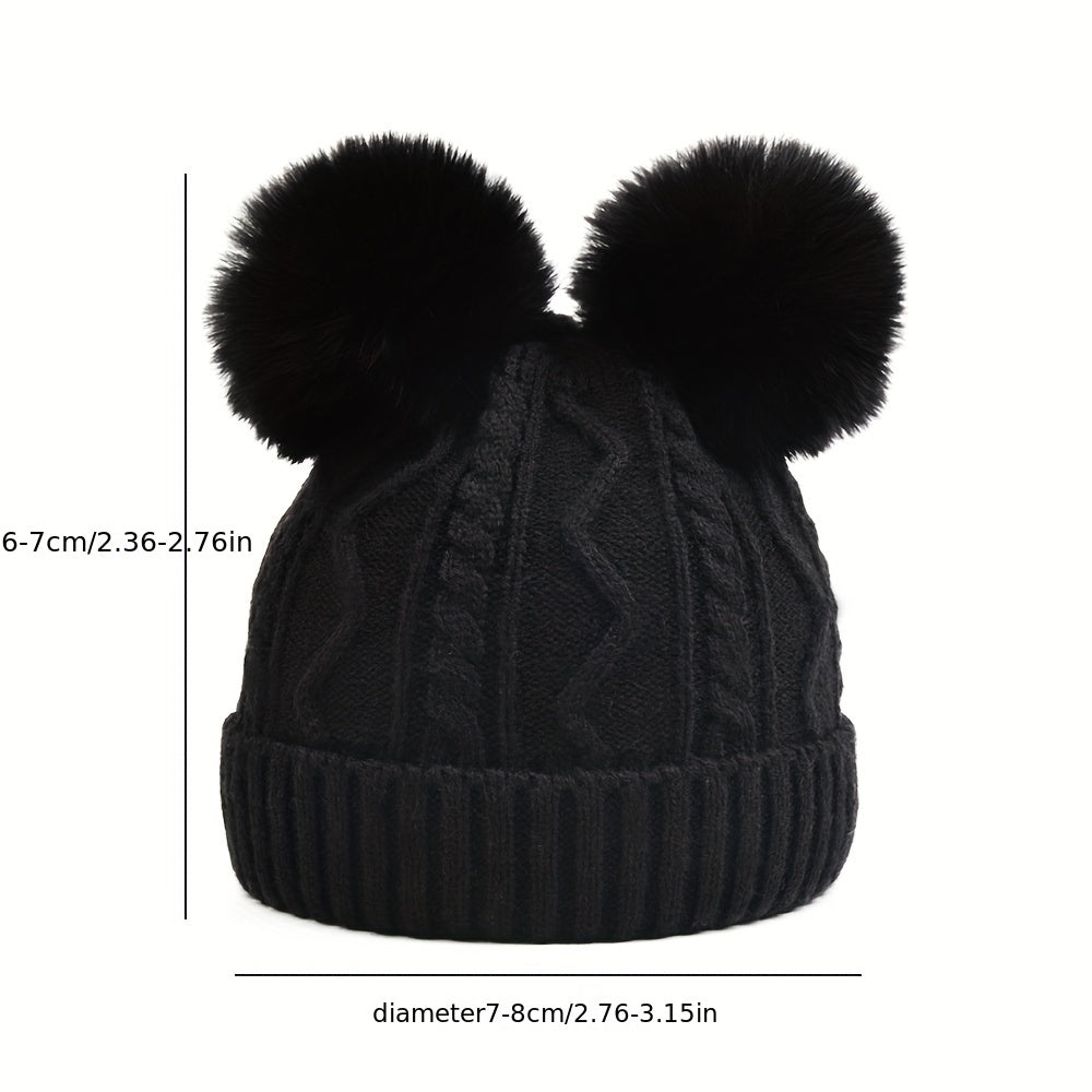 Kids Detachable Double Fur Ball Beanie Knitted Hat
