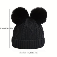 Kids Detachable Double Fur Ball Beanie Knitted Hat