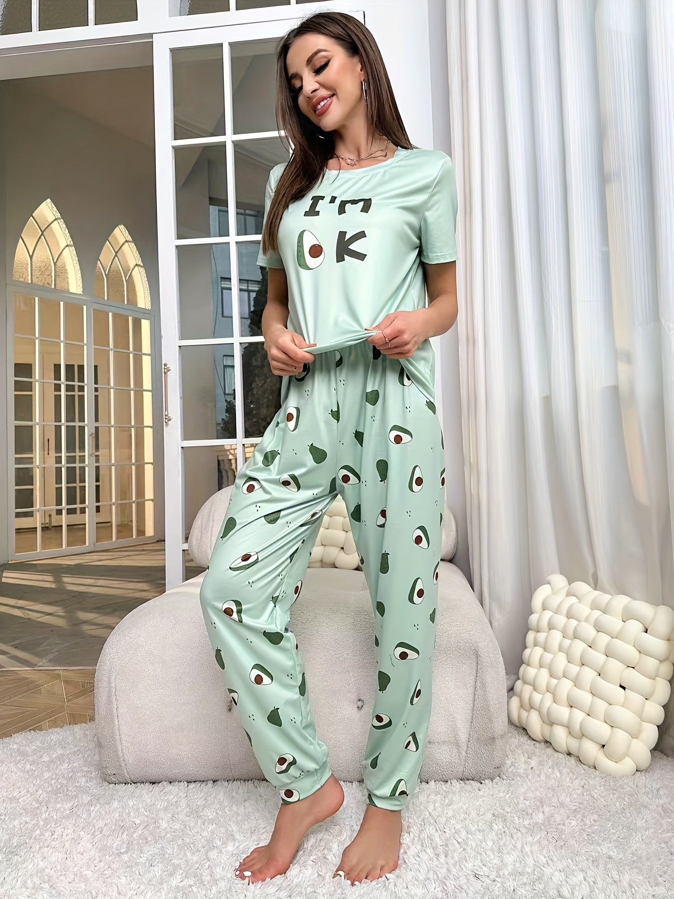 Avocado Print Pajama Set Short Sleeve Top & Pants Women's Sleepwear