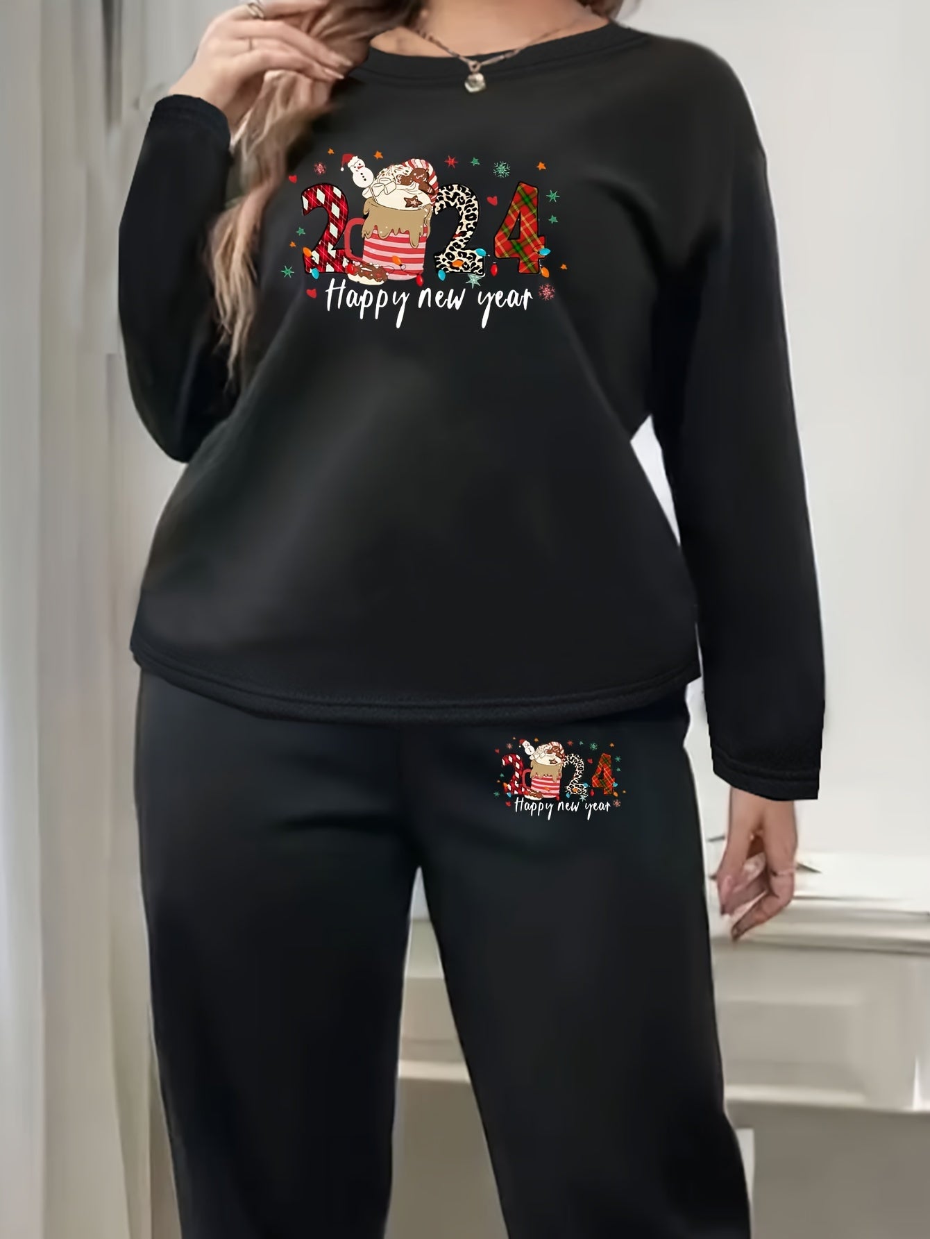 Coffee Print Lounge Set Fleece Top & Joggers Pajamas 2 Piece Set