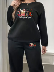 Coffee Print Lounge Set Fleece Top & Joggers Pajamas 2 Piece Set