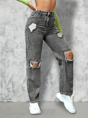 Grey Ripped Holes Straight Jeans Distressed Loose Fit Slash Pockets Denim Pants
