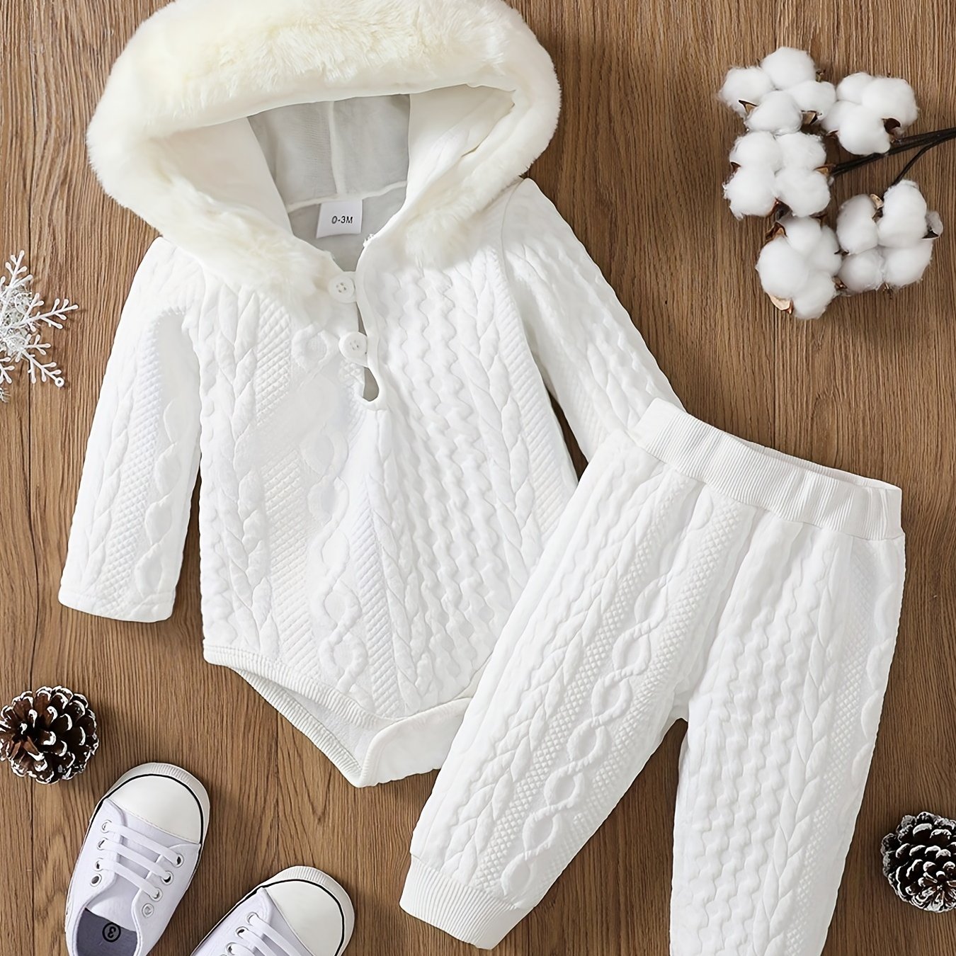 Toddler Baby Winter Thermal Furry Hooded Romper Pants Set
