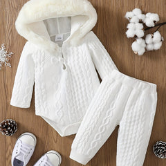 Toddler Baby Winter Thermal Furry Hooded Romper Pants Set