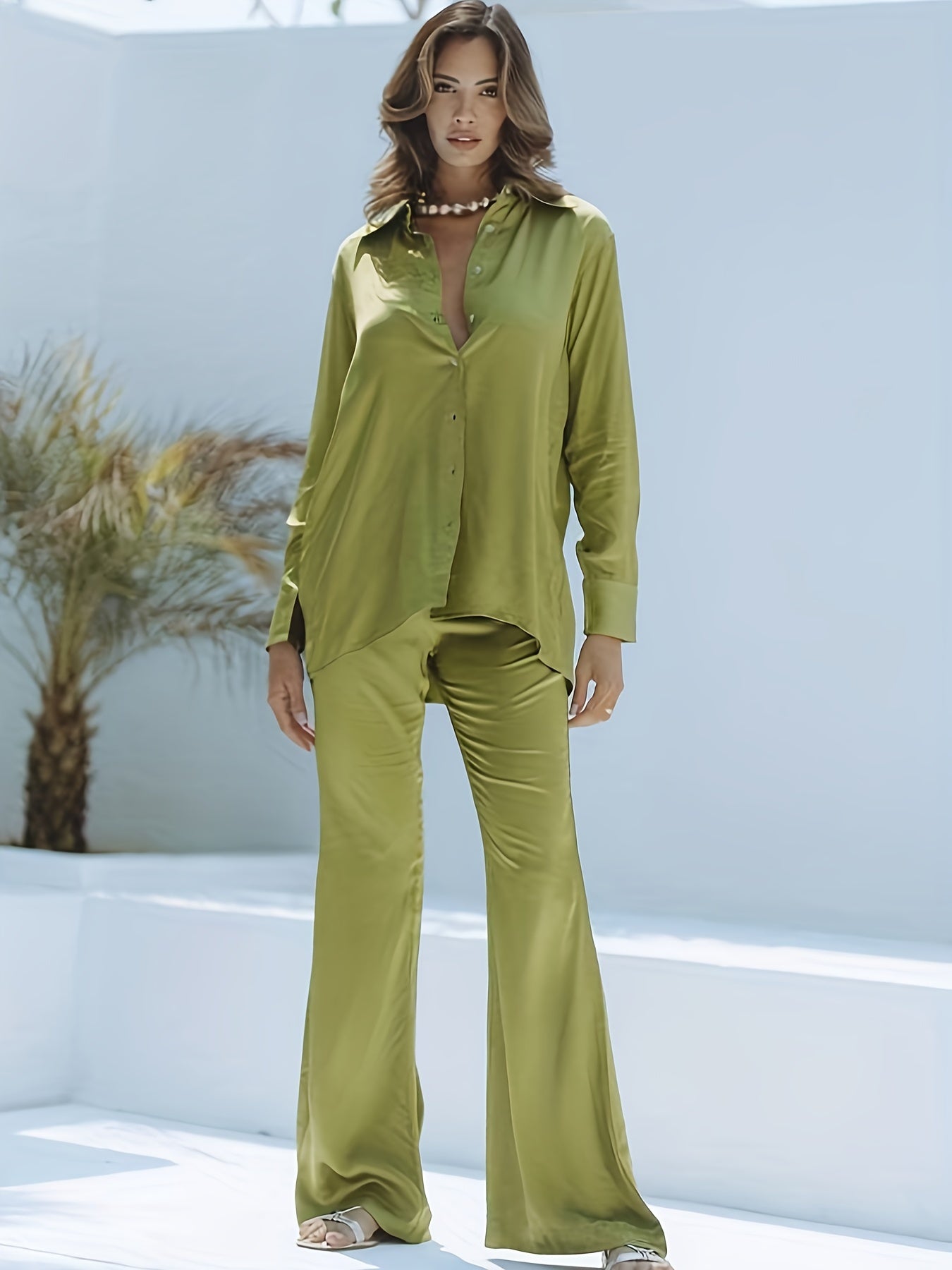 Solid Long Sleeve Button Up Shirt & Flared Leg Pants Set