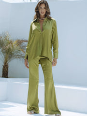 Solid Long Sleeve Button Up Shirt & Flared Leg Pants Set