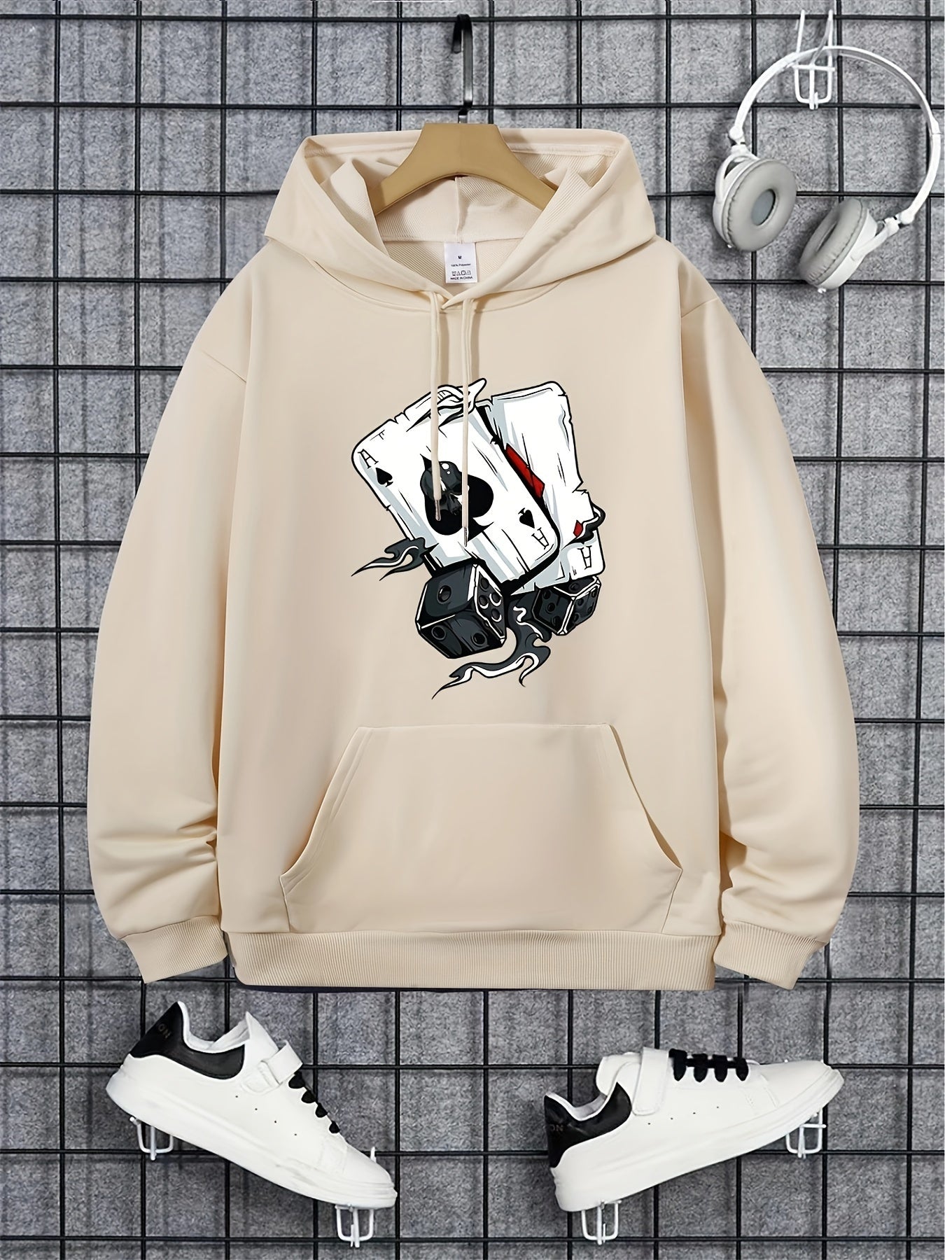 Poker Print Hoodie Men Kangaroo Pocket Loose Pullover Mens Clothing