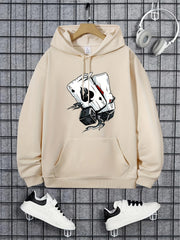 Poker Print Hoodie Men Kangaroo Pocket Loose Pullover Mens Clothing