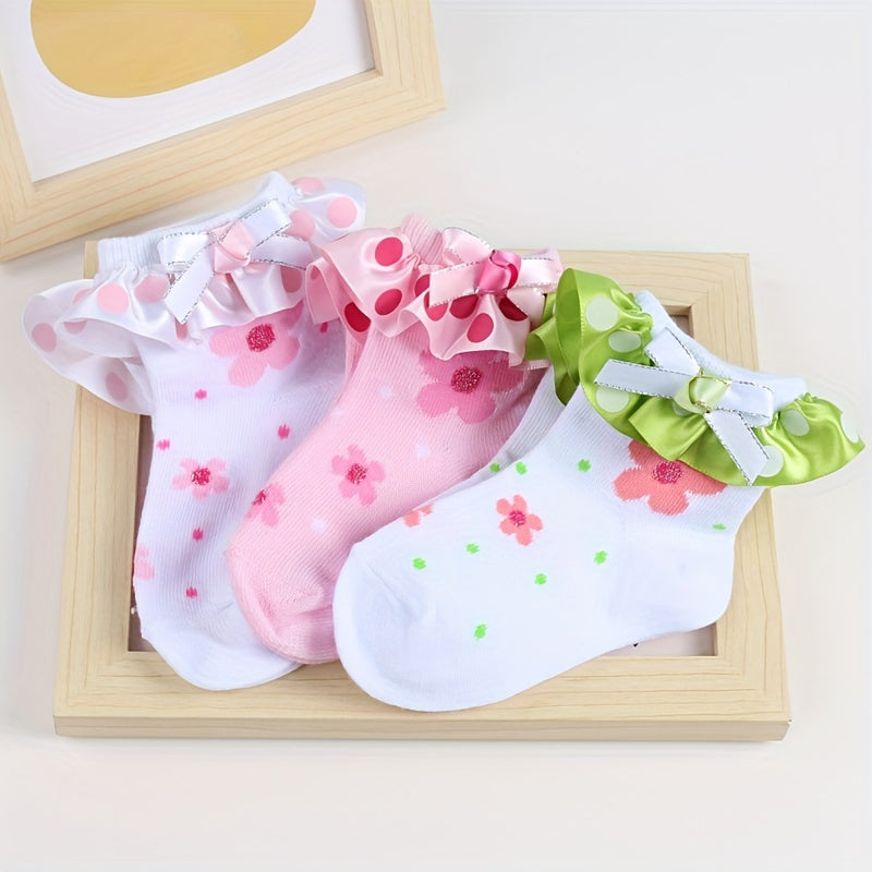 3 Pairs Baby Girls Ruffle Lace Flower Short Crew Socks Sweet Bow Dress Socks