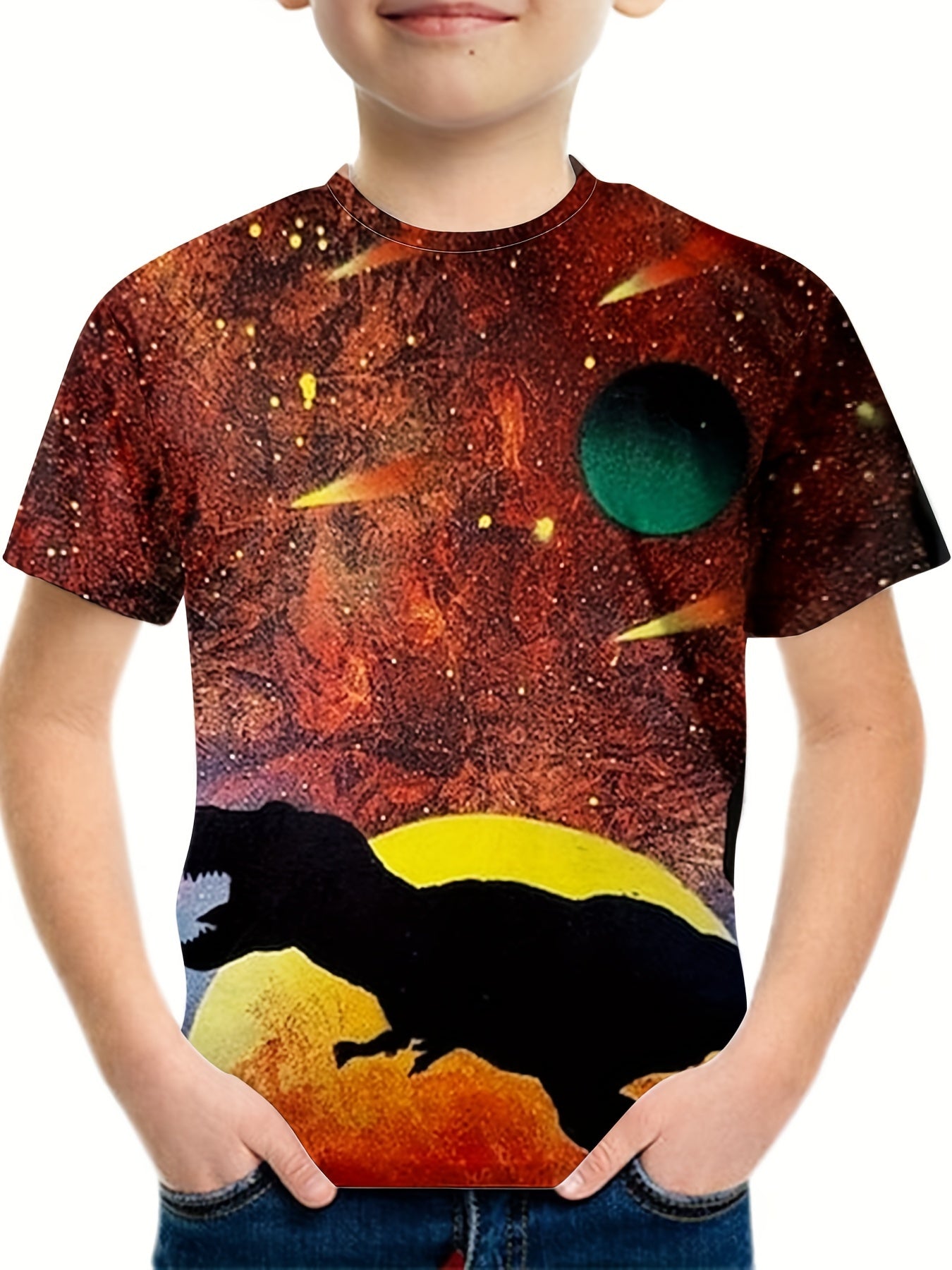Dino & Planet Pattern T-shirt for Kids Short Sleeve Top Casual Tee Boy's Clothes