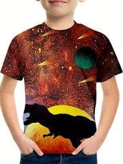 Dino & Planet Pattern T-shirt for Kids Short Sleeve Top Casual Tee Boy's Clothes