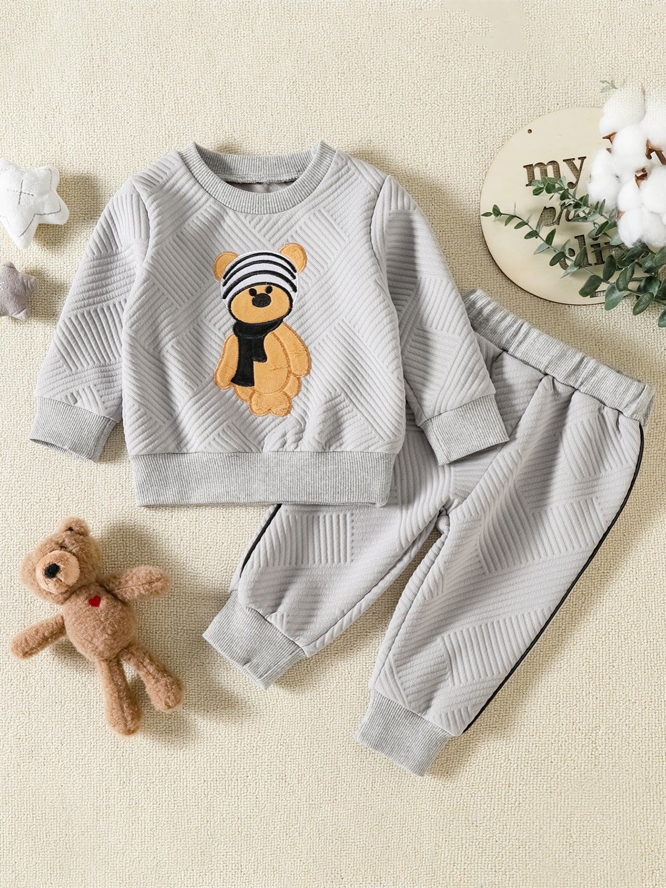 2pcs Kids Bear Embroidered Sweater Set