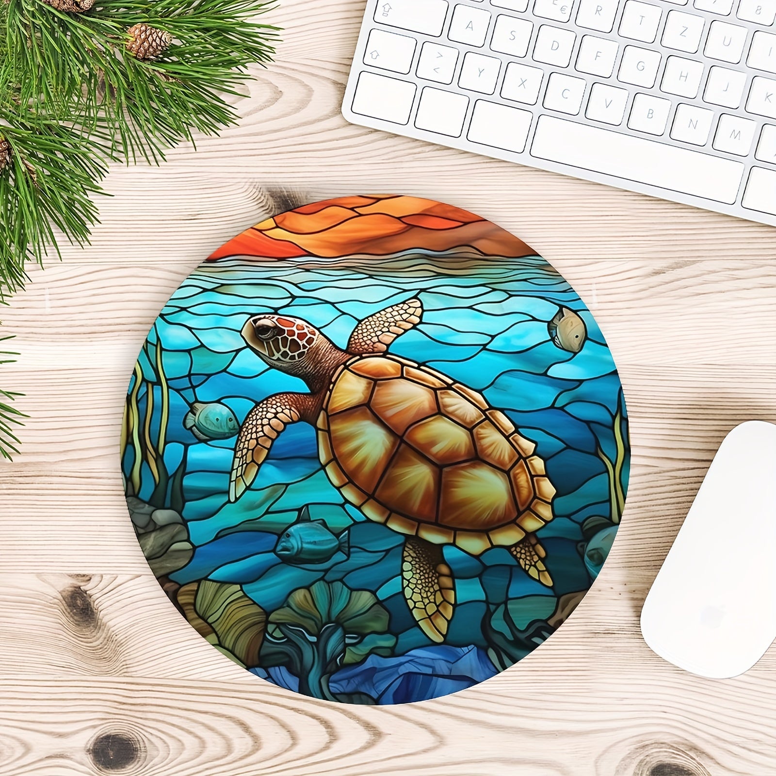 Stained Glass Sea Turtle Round Mouse Pad - Non Slip Rubber Base